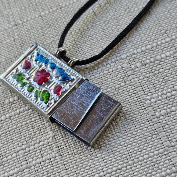 Religious Necklace Taweez Pendant Silver Tone Multi color Enamel W/ Black Cord - Picture 10 of 10
